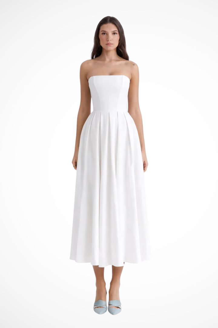 Elegant women's strapless corset midi dress with a flared A-line skirt, perfect for formal events & parties.