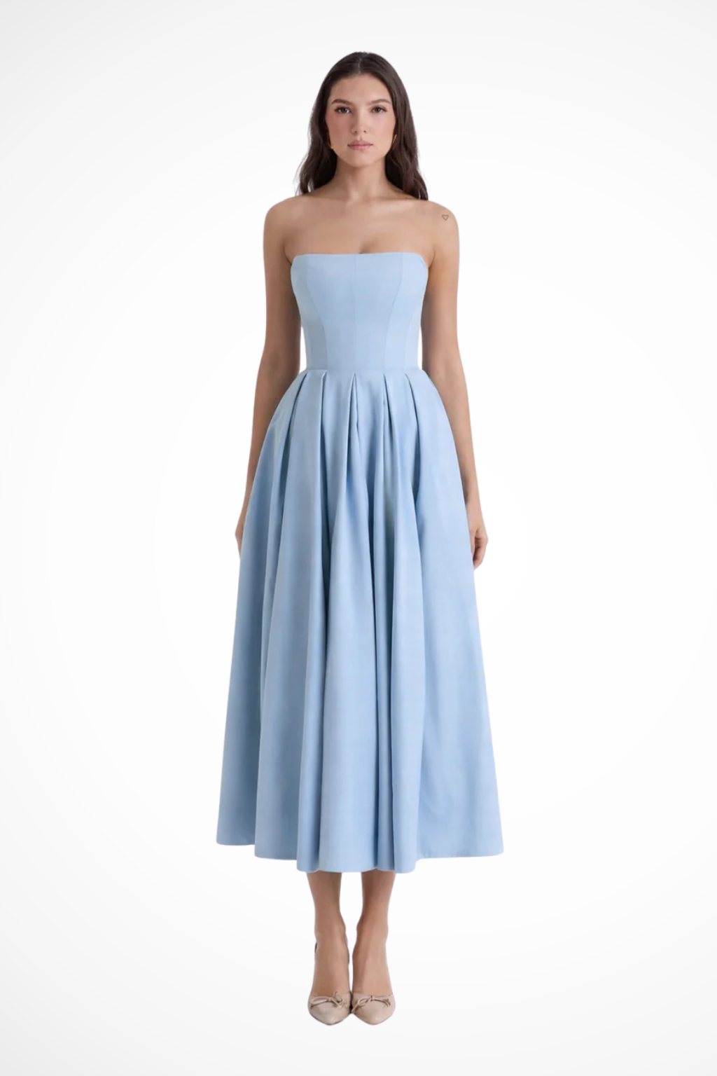 Formal women's strapless A-line midi dress with a corset bodice & elegant flared skirt, for evening parties.