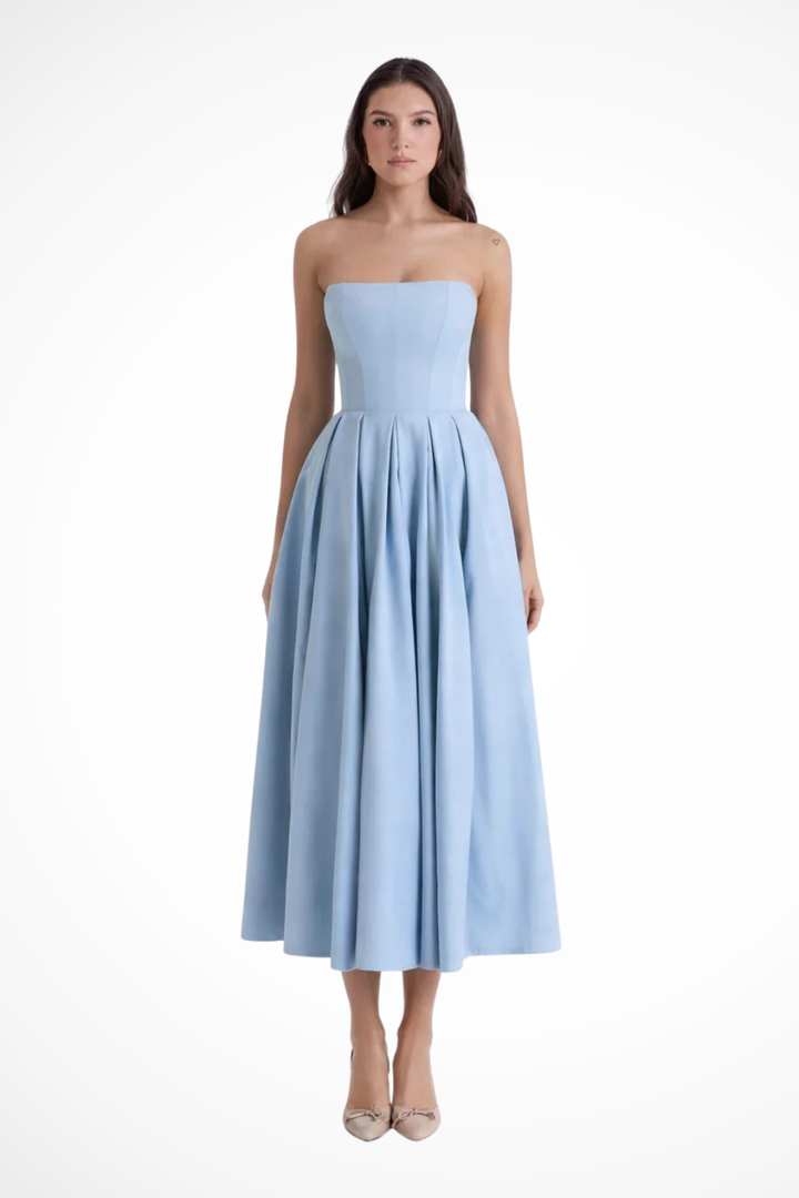 Formal women's strapless A-line midi dress with a corset bodice & elegant flared skirt, for evening parties.