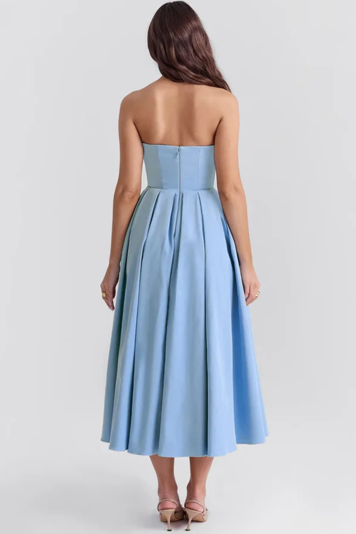 Stylish women's strapless midi party dress, featuring a flattering corset bodice & elegant flared A-line skirt.