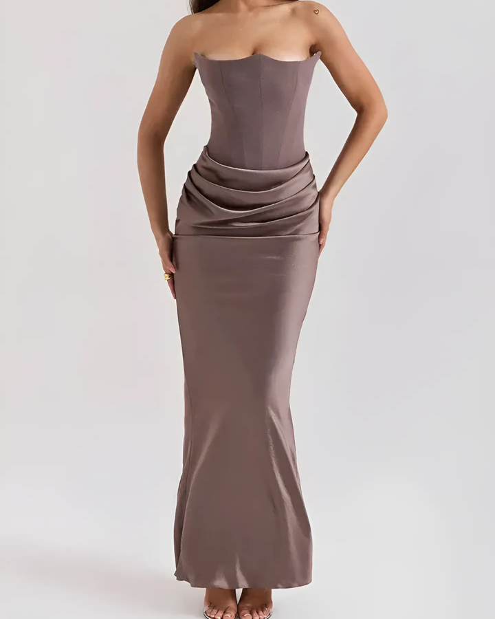 Elegant women's strapless draped maxi dress, perfect for wedding guests, formal events & parties.