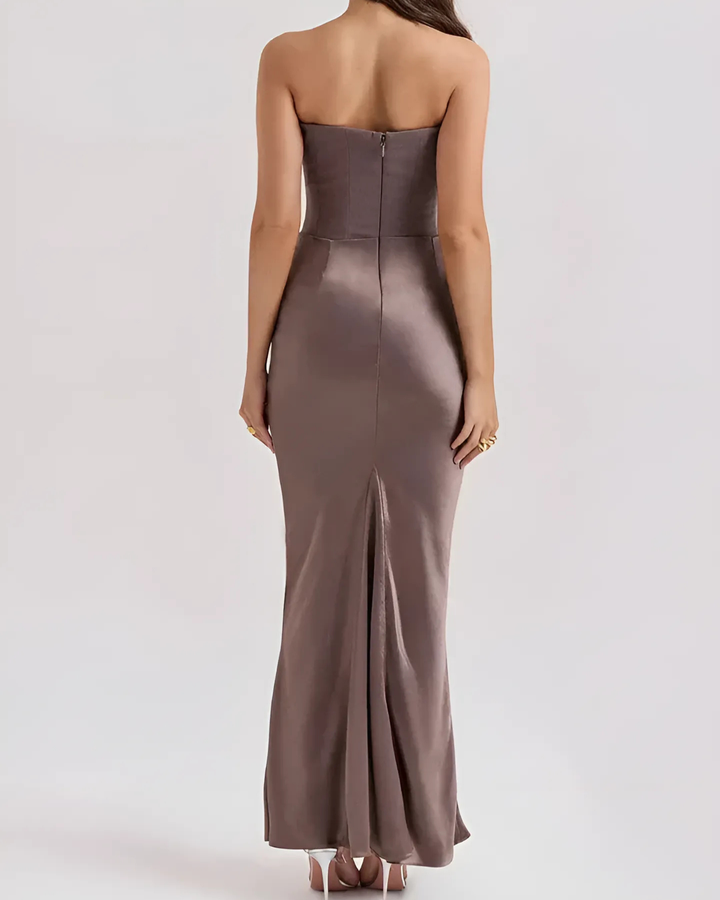 Chic strapless maxi dress for women, featuring elegant draping, ideal for wedding guest attire.