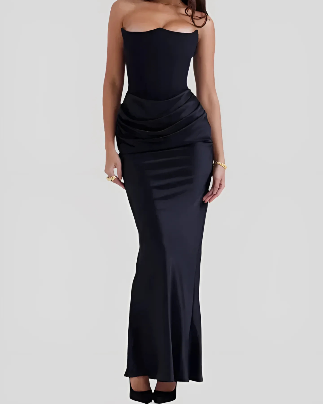Stylish women's evening gown: a draped strapless maxi dress for formal occasions & wedding guests.