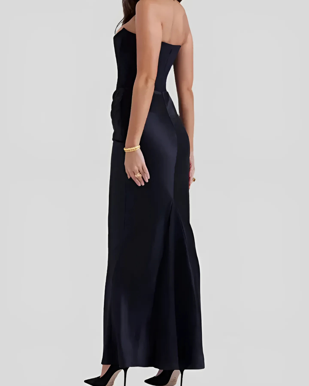 Flowy strapless maxi dress with beautiful draping for women, excellent as a wedding guest dress.