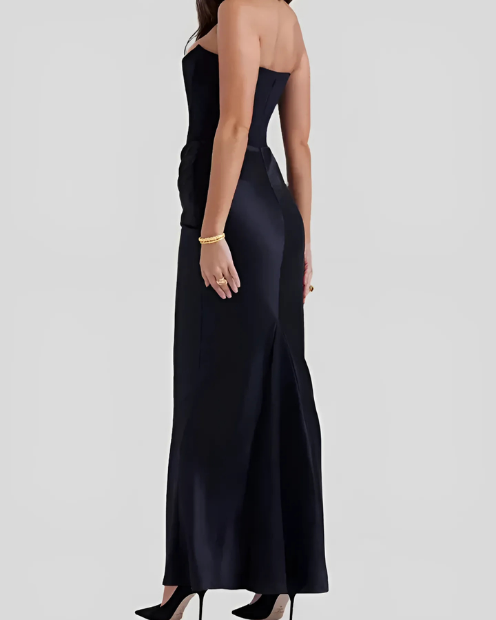 Flowy strapless maxi dress with beautiful draping for women, excellent as a wedding guest dress.