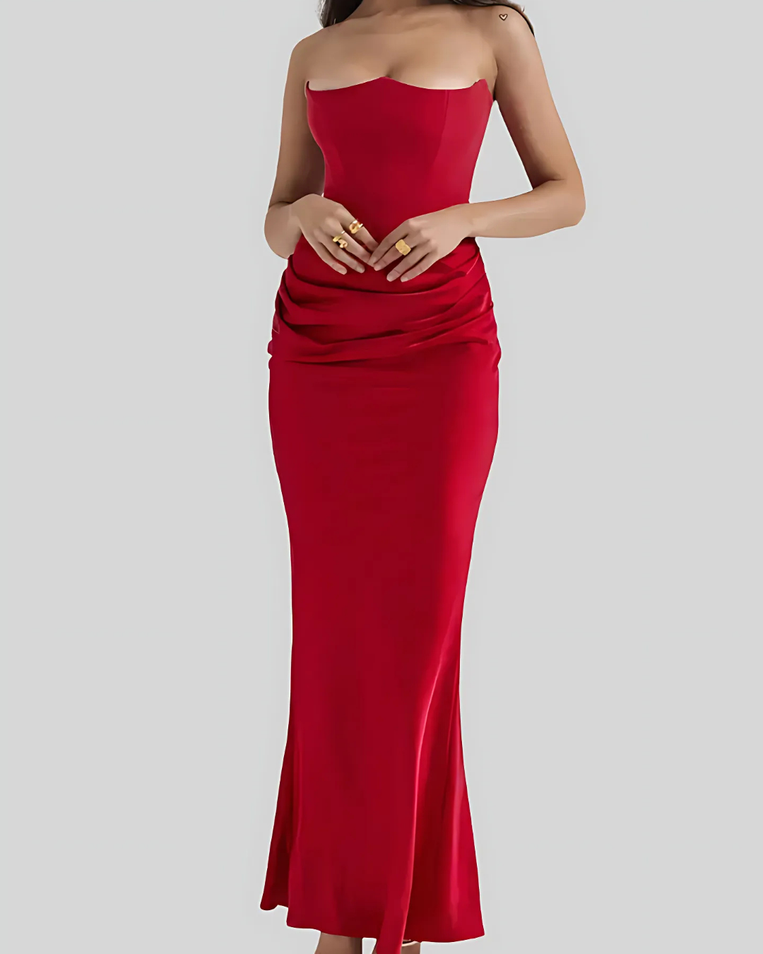 Sophisticated women's strapless draped maxi dress, a perfect choice for wedding guests & evening wear.