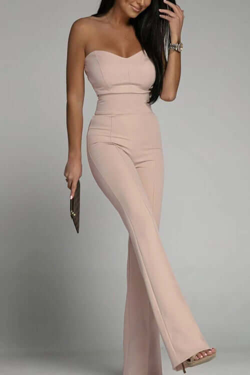 Elegant women's strapless flared leg jumpsuit, perfect for evening wear & formal parties.