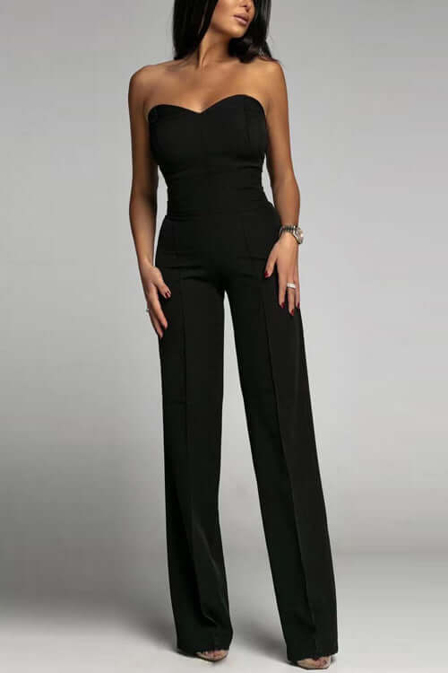 Chic black strapless flared leg jumpsuit for women, ideal formal evening wear & party outfit.