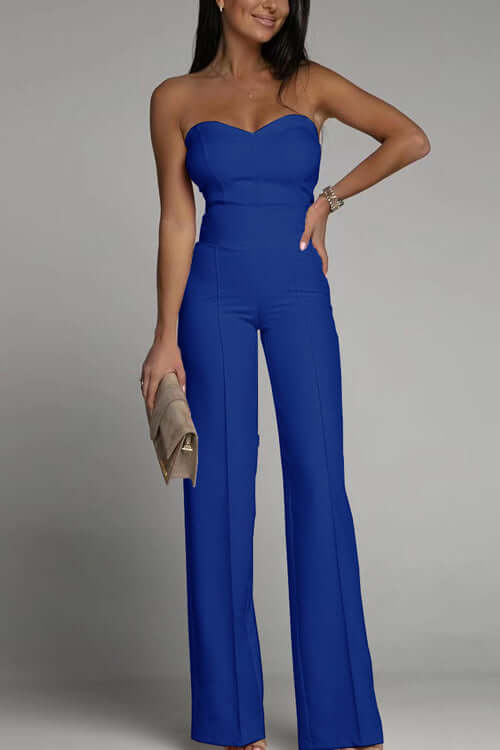 Stunning red strapless flared leg jumpsuit for women, perfect elegant evening or party wear.