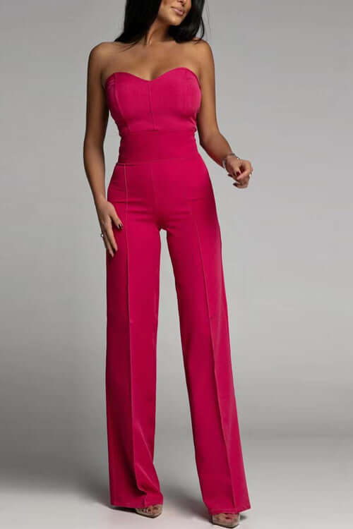 Stylish blue strapless flared leg jumpsuit, women's chic formal wear for evening events.