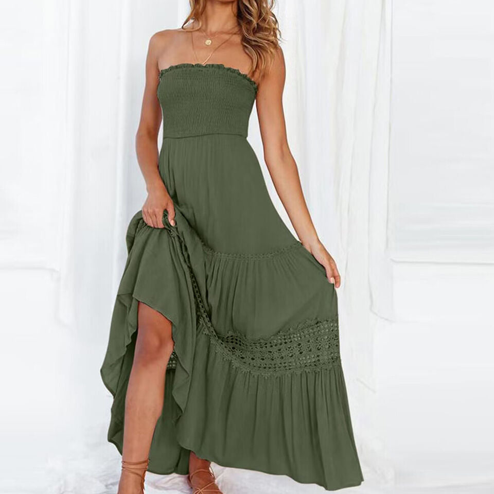 Elegant women's strapless maxi dress featuring a high-low hem, perfect for summer fashion and events.