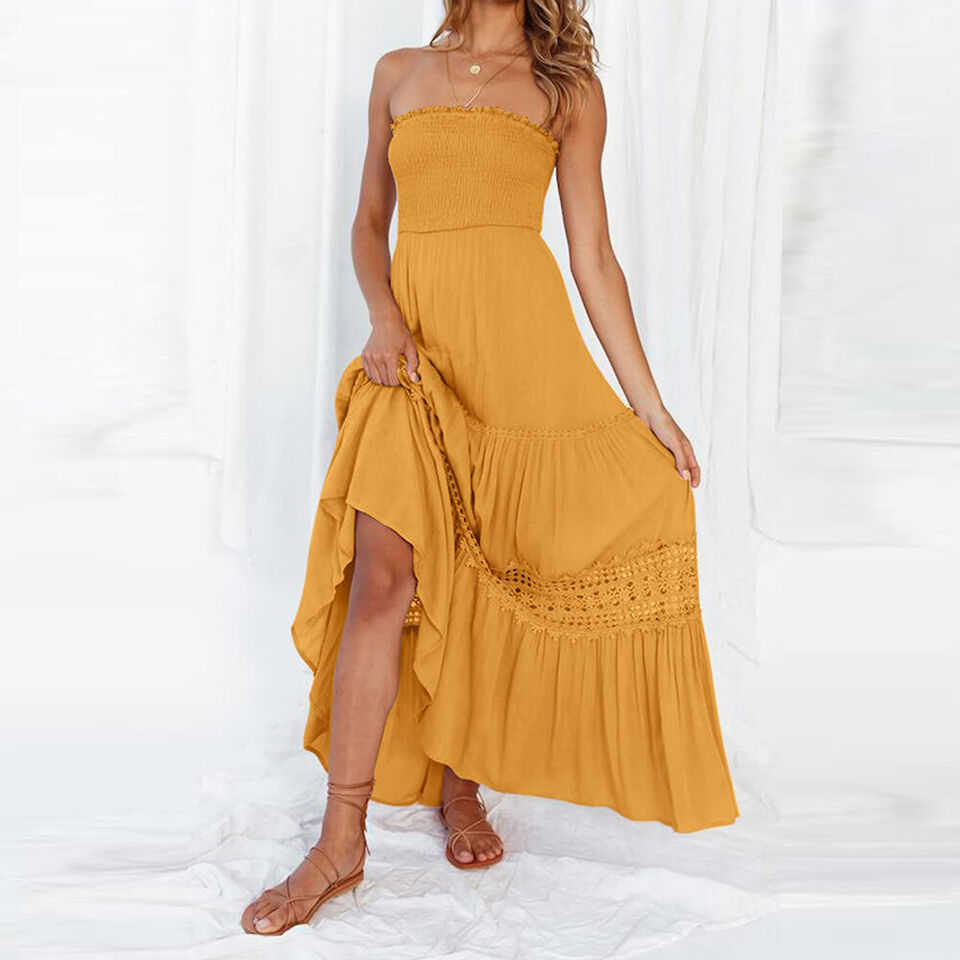 Chic women's strapless maxi dress with a comfortable fit and stylish high-low hem, great for casual wear.
