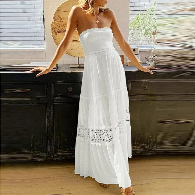 Versatile women's strapless high-low maxi dress, an elegant summer dress option for various occasions.