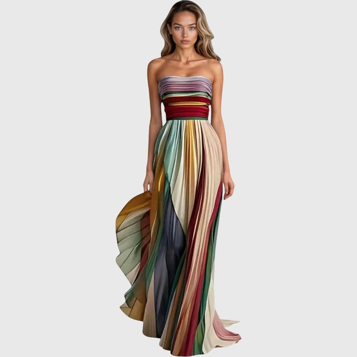 Elegant women's strapless maxi dress featuring vibrant rainbow stripes, perfect for summer parties & special occasions.