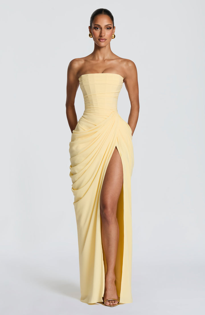 Elegant women's strapless maxi dress with a flattering ruched waist, perfect for formal events & parties.