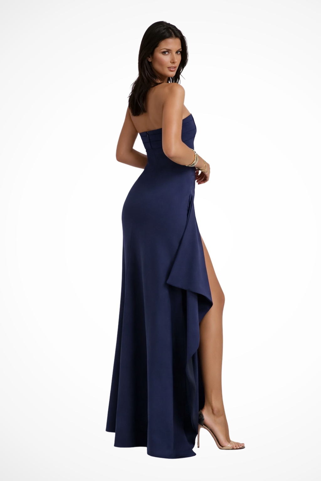 Graceful women's evening gown: a strapless maxi dress with a flattering side slit for special events.