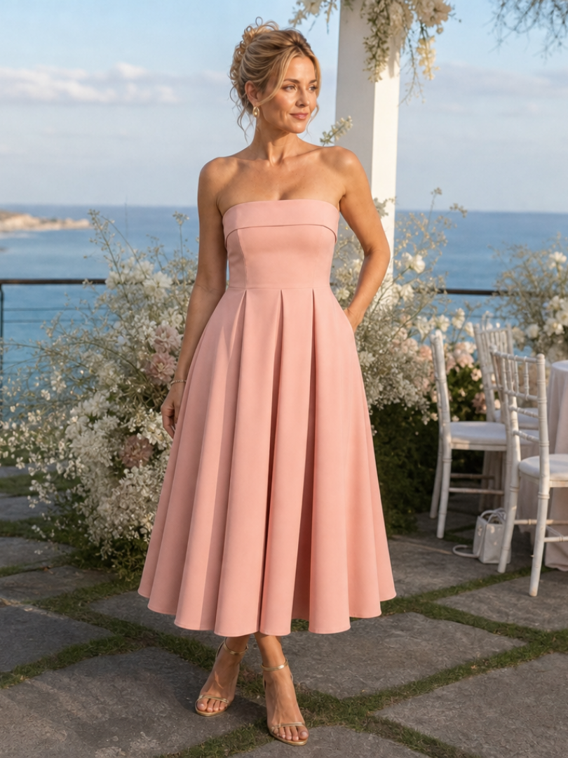 Stylish women's strapless midi dress, structured and elegant. Perfect for formal events, cocktails & parties.