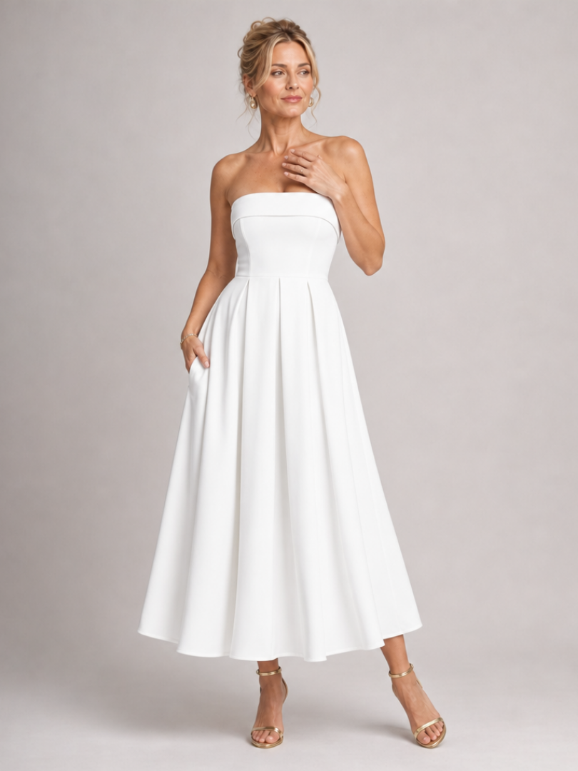 A-line structured midi dress for women, elegant strapless design. Great for formal parties & special occasions.