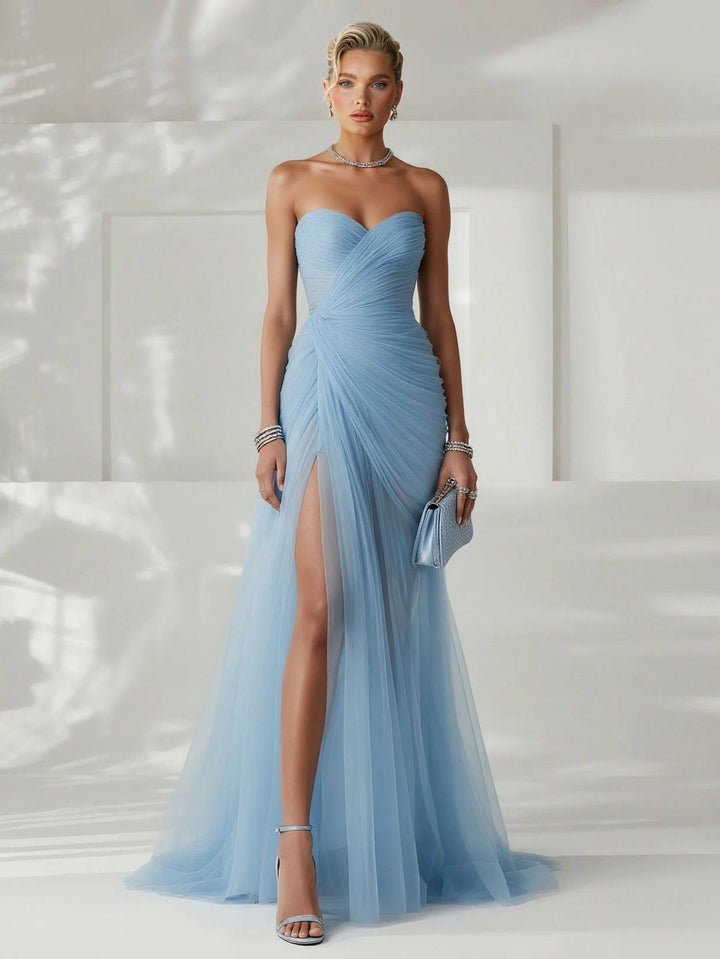 Elegant women's strapless pleated maxi dress for formal events and evening wear.