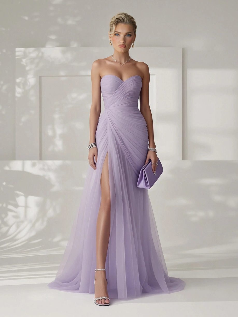 Flowing pleated strapless maxi dress for women, ideal for sophisticated evening events.