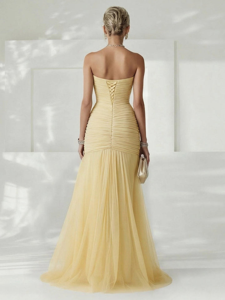 Long pleated strapless maxi dress for women, an elegant choice for formal parties and events.