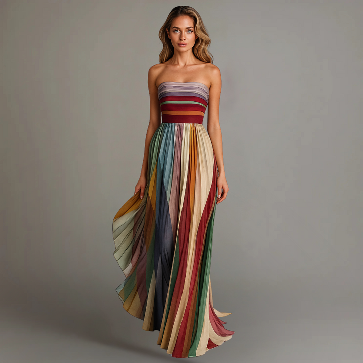 Flowing multicolour strapless pleated maxi dress for women, ideal elegant summer garden party occasion wear.