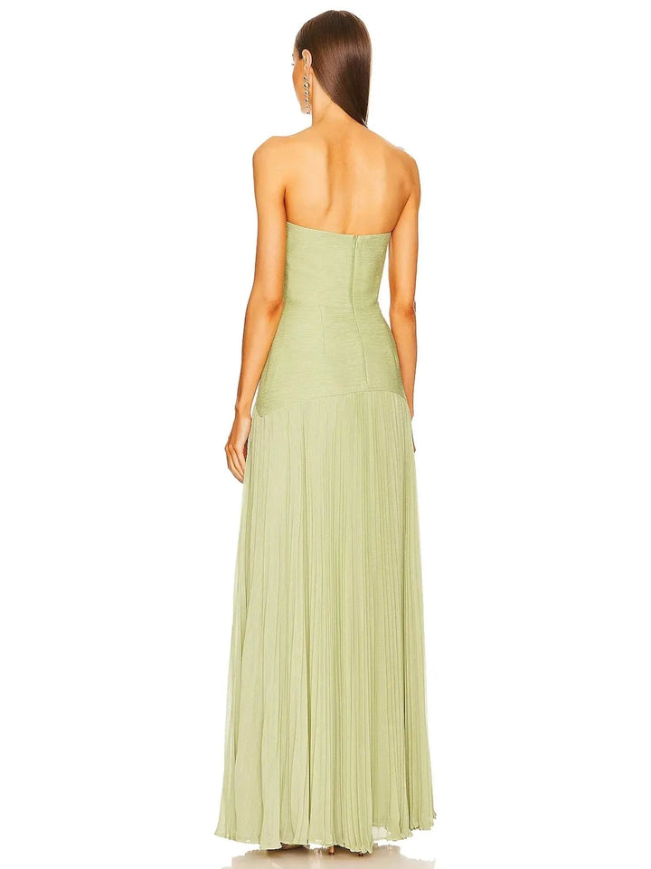 Chic yellow strapless maxi dress. Women's pleated evening gown, perfect for parties & formal events.