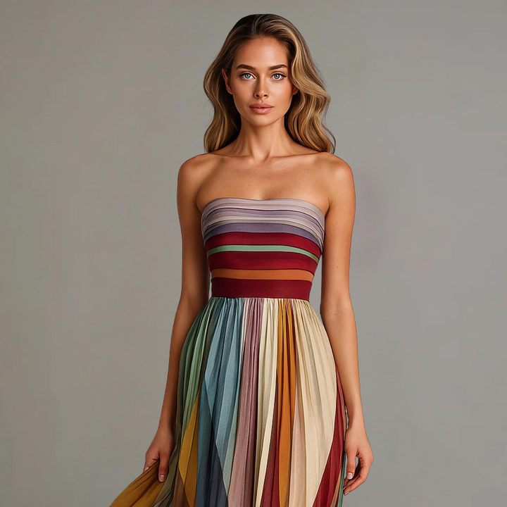 Women's strapless summer maxi dress with elegant pleats. Perfect flowing design for garden parties & holidays.