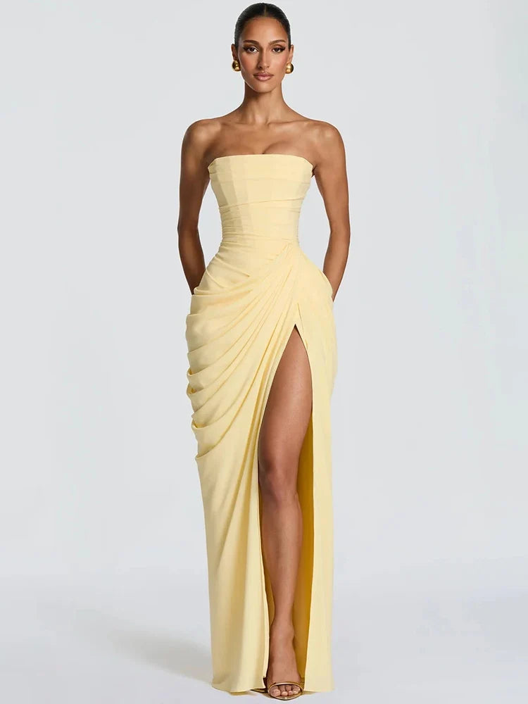 Elegant women's strapless ruched maxi dress with a high slit, perfect for evening parties & formal occasions.