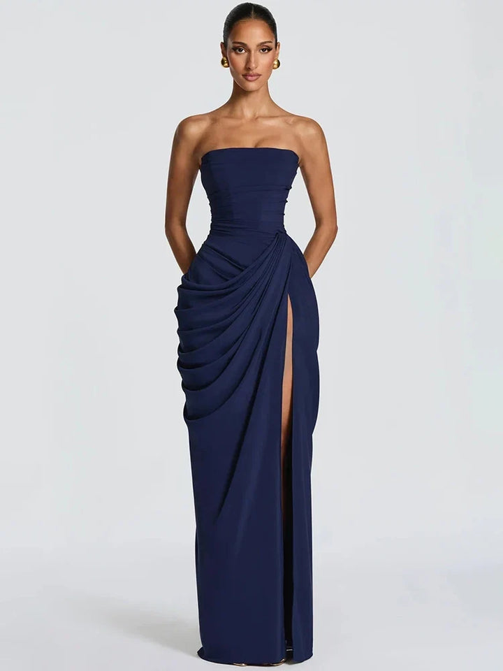 Fashionable women's strapless ruched high slit maxi dress. An elegant sleeveless option for evening wear & parties.