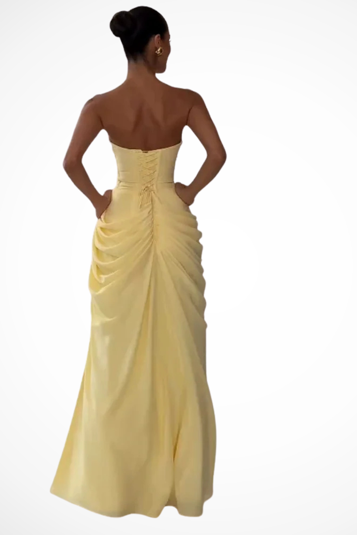 Beautiful women's strapless ruched slit maxi dress, an elegant choice for wedding guests, galas, or summer events.