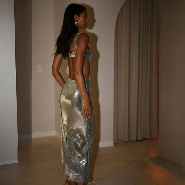 Glamorous women's strapless sequin bodycon maxi dress. Ideal for formal parties, cocktails & wedding guests.