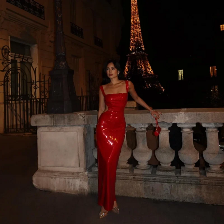 Chic women's strapless bodycon sequin maxi dress. A glamorous long party gown for formal evening events.