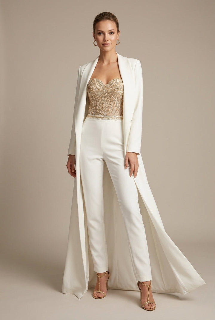 Women's elegant strapless jumpsuit with sweetheart neckline and tailored straight-leg design for formal occasions.
