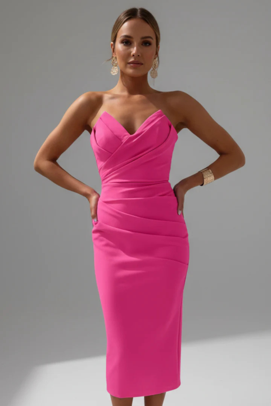 Stunning women's strapless sweetheart ruched midi dress. Elegant evening wear, party & cocktail dress.