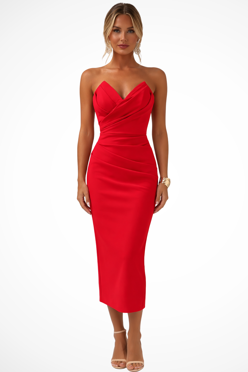 Formal women's strapless midi dress, ruched design, sweetheart neckline. Ideal for elegant evening wear.
