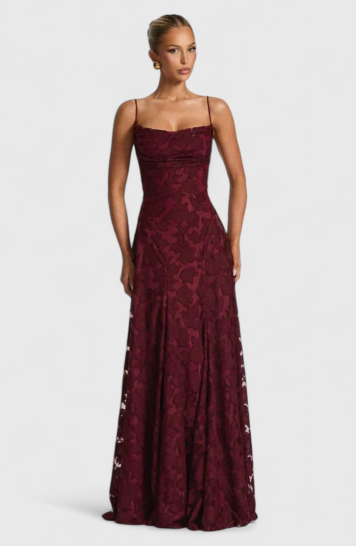 Elegant women's strappy back maxi dress, perfect for wedding guests & special occasions.