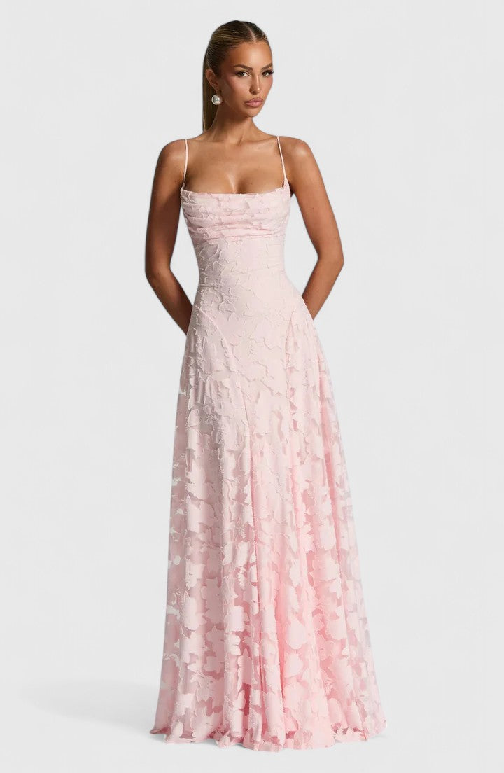 Feminine long maxi dress with elegant strappy back detail, perfect for parties & formal wear.