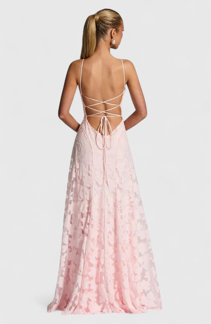 Chic strappy back maxi dress for women, suitable for wedding guest attire or formal events.