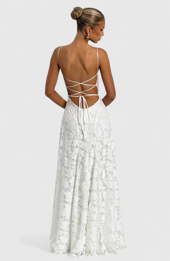 Elegant women's evening gown, a long strappy back maxi dress perfect for formal occasions.