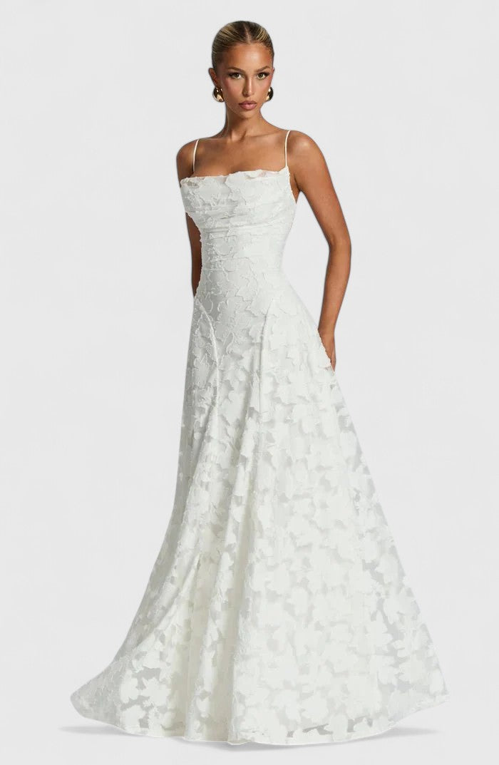 Women's elegant long maxi dress with a sophisticated strappy back, ideal for formal events.
