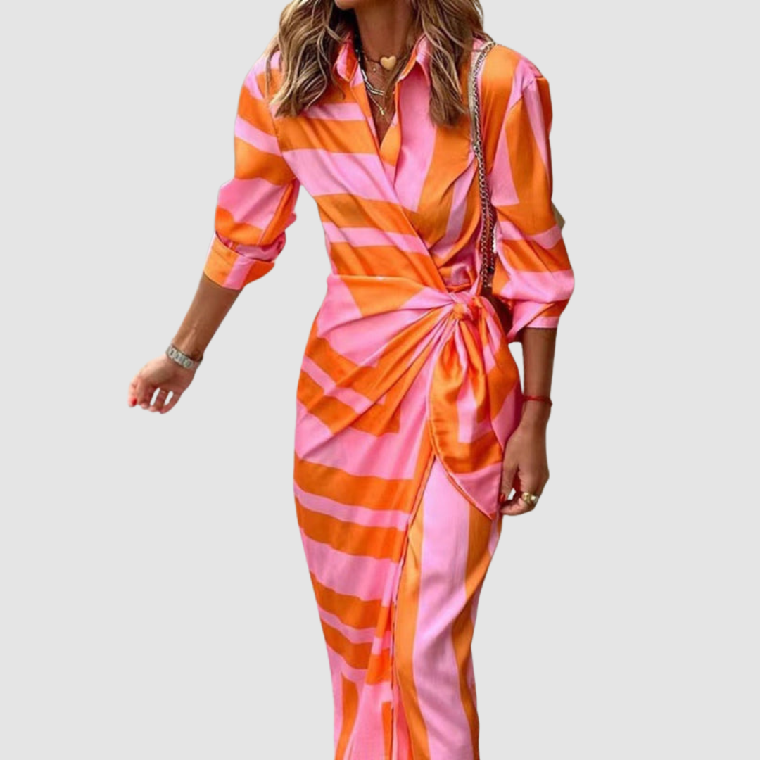 Elegant women's striped midi dress, perfect for versatile wear from office to casual events. Summer fashion.