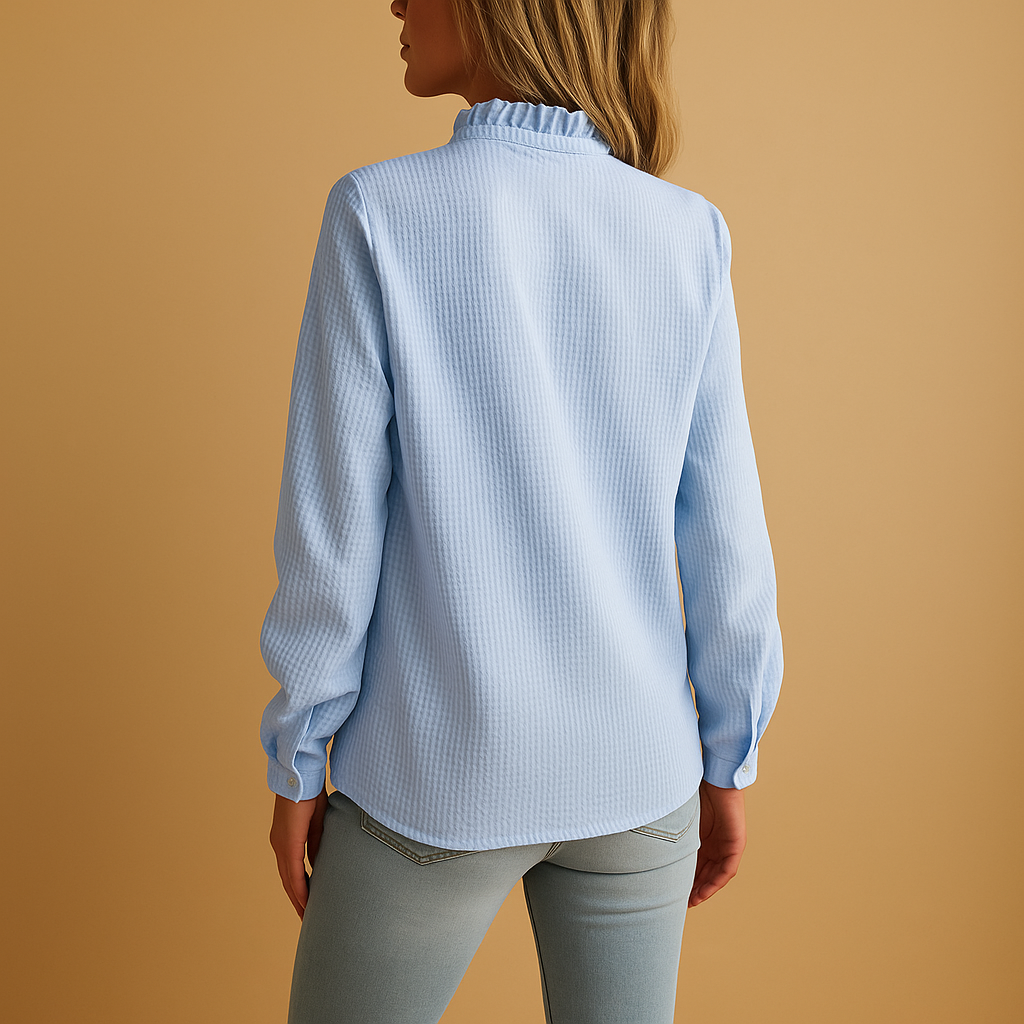 Versatile women's ruffle blouse, featuring elegant stripes and long sleeves. Ideal for work or a chic casual look.
