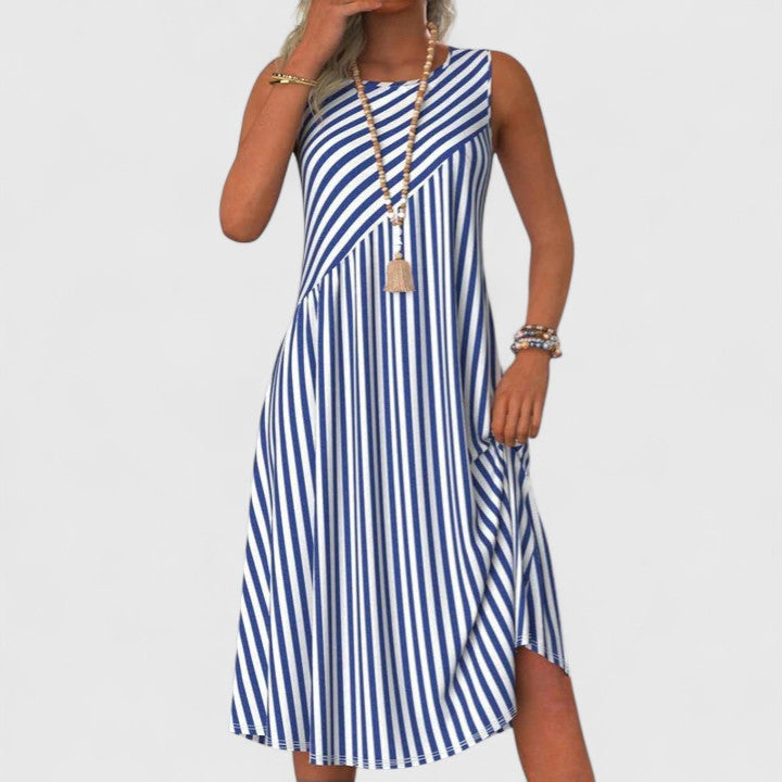 Elegant women's striped sleeveless sundress, perfect for casual summer wear, beach outings, or brunch.