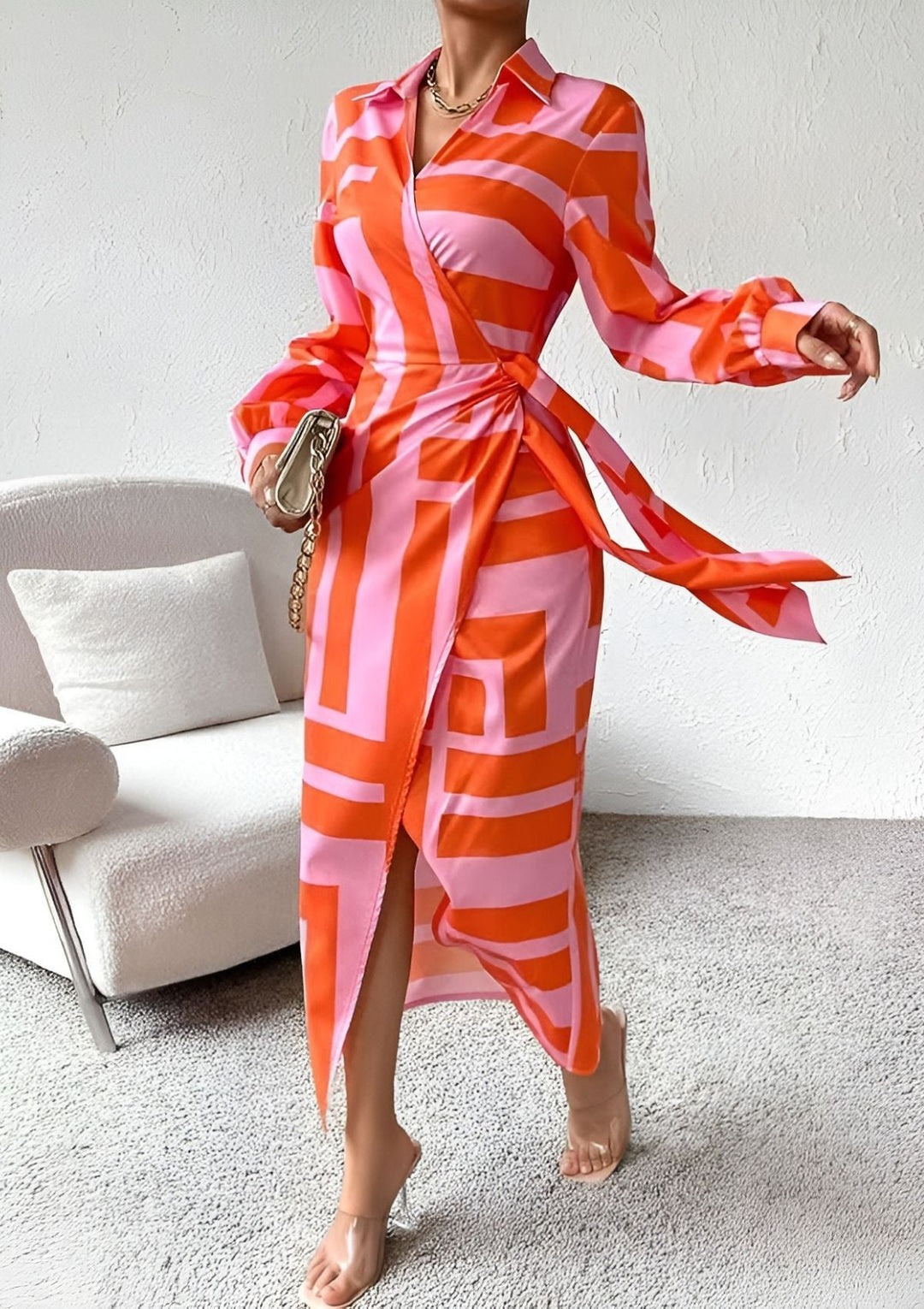Elegant women's striped wrap midi dress. Versatile style for spring & summer.
