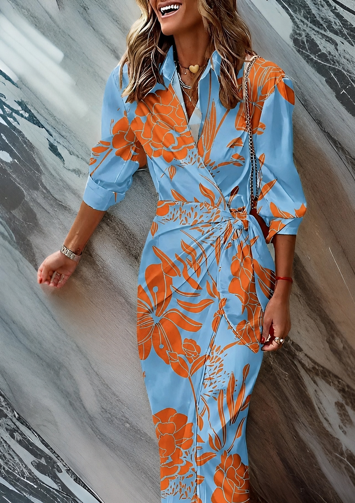 Chic spring/summer striped wrap midi dress for women. Elegant and office-appropriate.