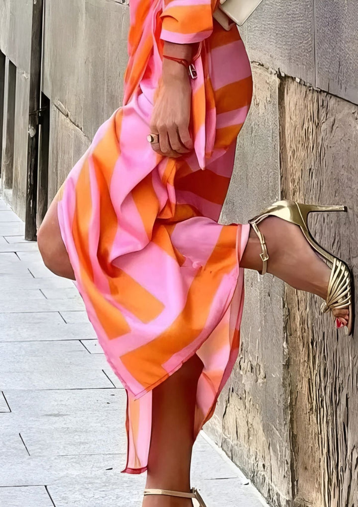 Comfortable women's midi dress with elegant stripes & a flattering wrap design.