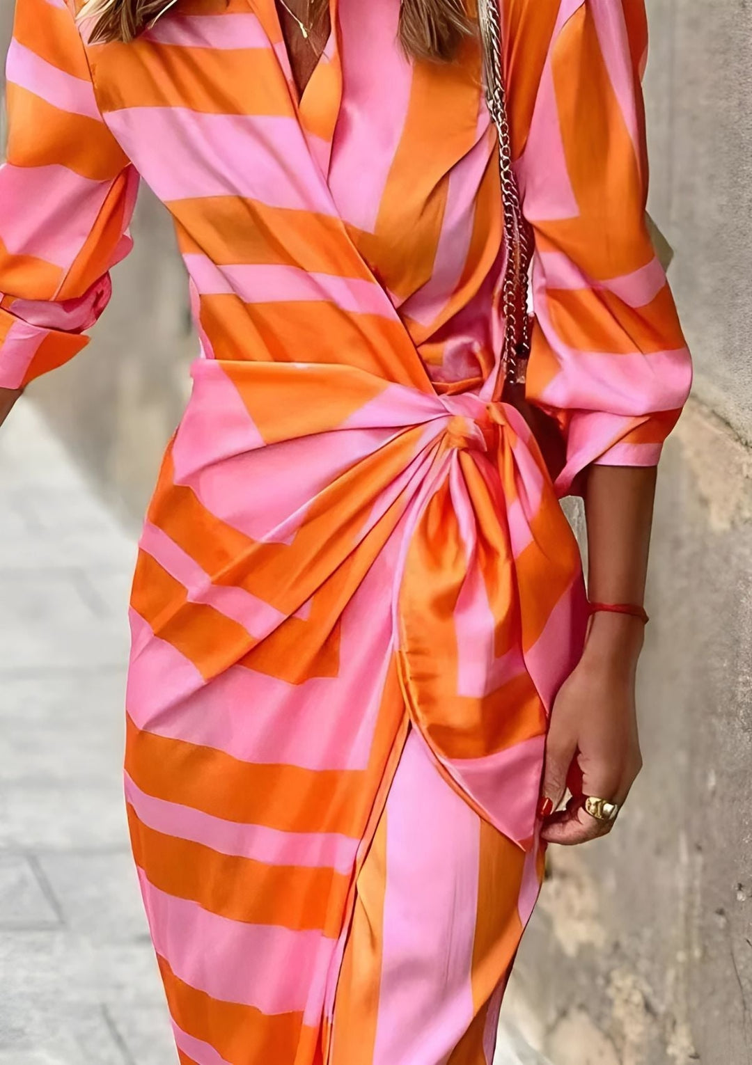 Versatile women's wrap midi dress with classic stripes. Ideal for casual, office, spring, or summer.