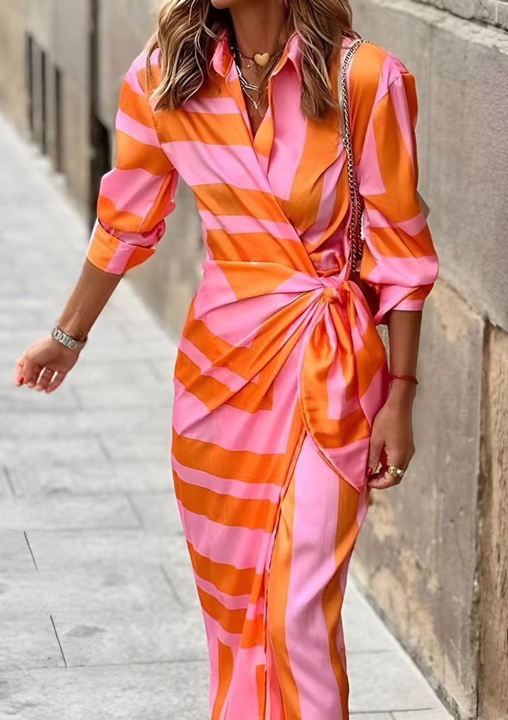 Women's fashion wrap midi dress, striped for a chic and versatile look.