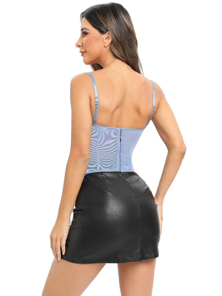 Sleek women's elegant bustier top, featuring a structured bodice and a sophisticated backless, fitted style. Evening apparel.